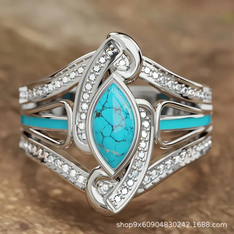 Wholesale Cross-Border Supply Hot Selling New Products European and American Fashion Retro Diamond Blue Turquoise Ring Women' s Gift Factory Direct Sale