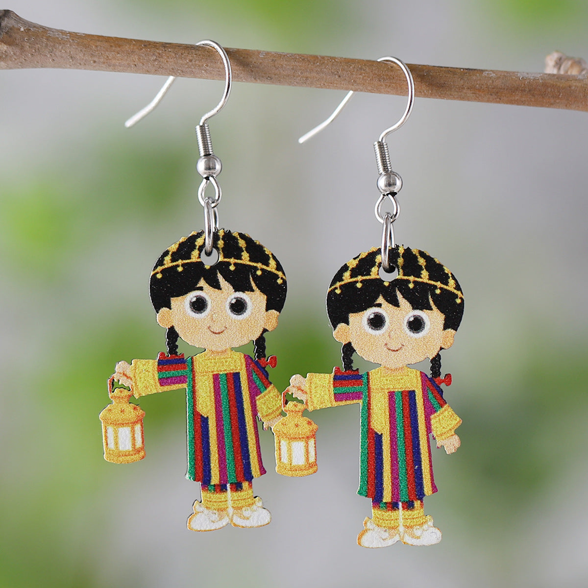 Wholesale Retro Girls Lantern Blue Oil Lamp Wooden Double Sided Earrings ACC-ES-ChuLian006