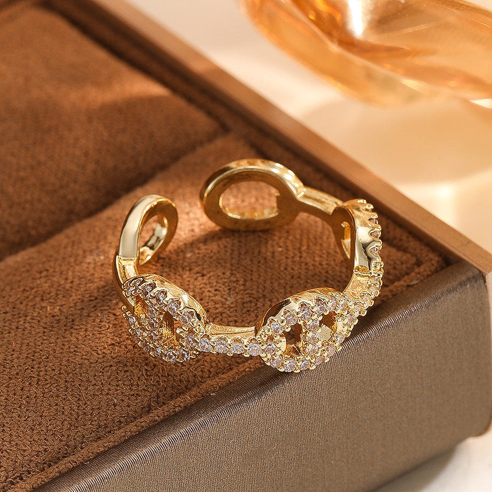 Wholesale Fashion Gold Leaf Adjustable Ring Copper Zircon Electroplated Jewelry Accessory Boutique Resale
