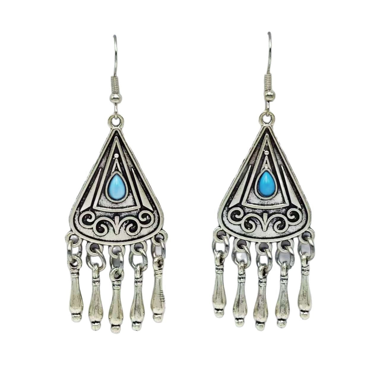 Wholesale Bohemian Style Turquoise Imitation Earrings with Tassel,  Alloy Ethnic Drop Earrings for Party Wear