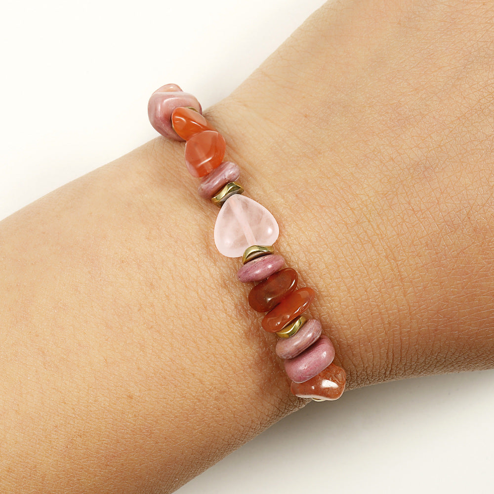 Wholesale Beaded Stone Bracelet Heart-Shaped Rose Quartz Red Agate Gravel Combination Crystal  Bracelet