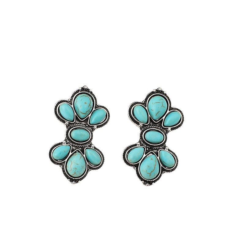 Wholesale Vintage Distressed Turquoise Alloy Earrings Western Bohemian Ethnic Geometric Studs for Women Fashion Accessory