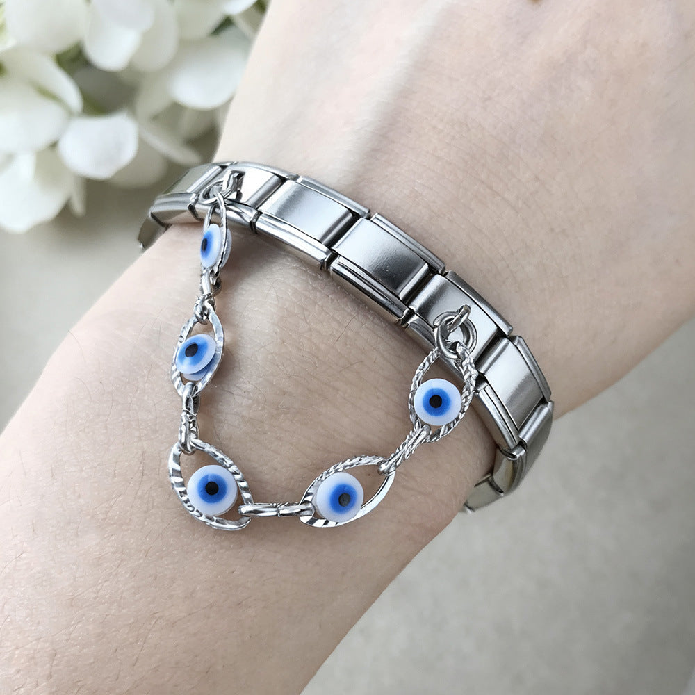 Wholesale   Italian Charm Bracelet 9mm DIY double pendant  flower and evil eye Creative Stainless Steel Composable Bracelet