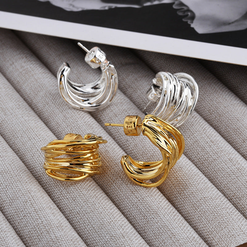 Wholesale Retro multi-layer irregular  line metal style earrings