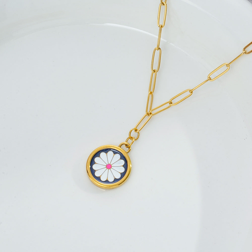 Wholesale Blue Enamel  Round Necklace Titanium Steel Everyday Fashion Accessory