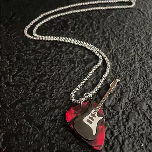 Wholesale Punk Rock Guitar Necklace Pendant Titanium Steel Light Engraved Unisex Jewelry Accessory Gift