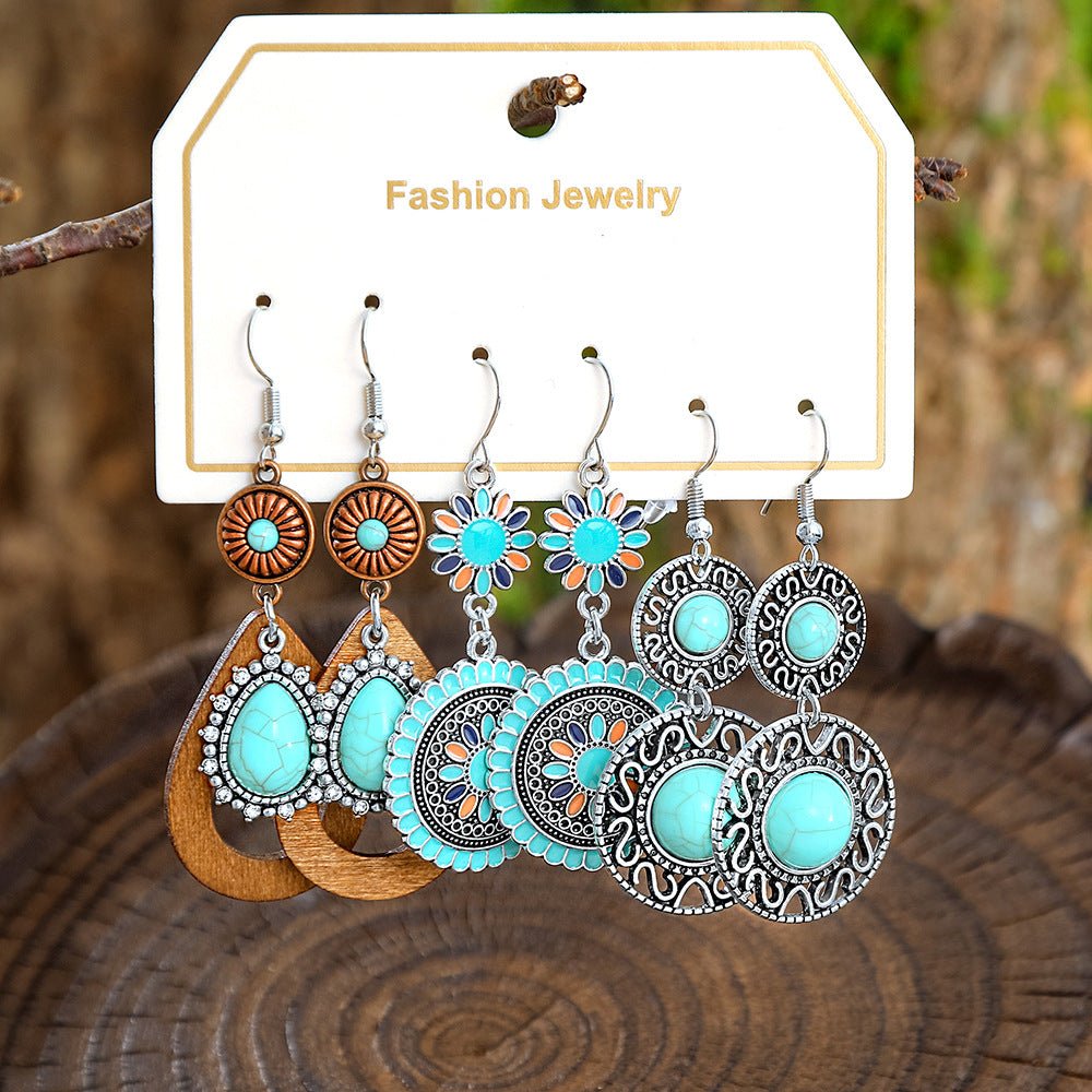 Wholesale European and American Cross-Border Hot Selling New Turquoise Earrings Set Fashion Ethnic Holiday Style Earrings Earrings Manufacturer