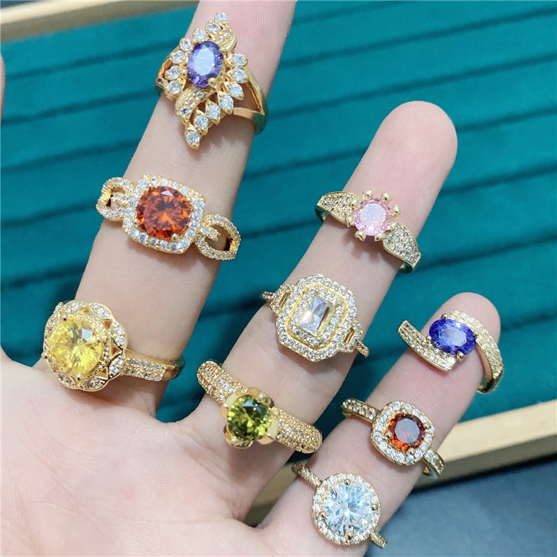 Wholesale 5pcs Colorful Zircon Ring Gold Micropaved Ring Gold Plated Rings ACC-RS-YunXi001