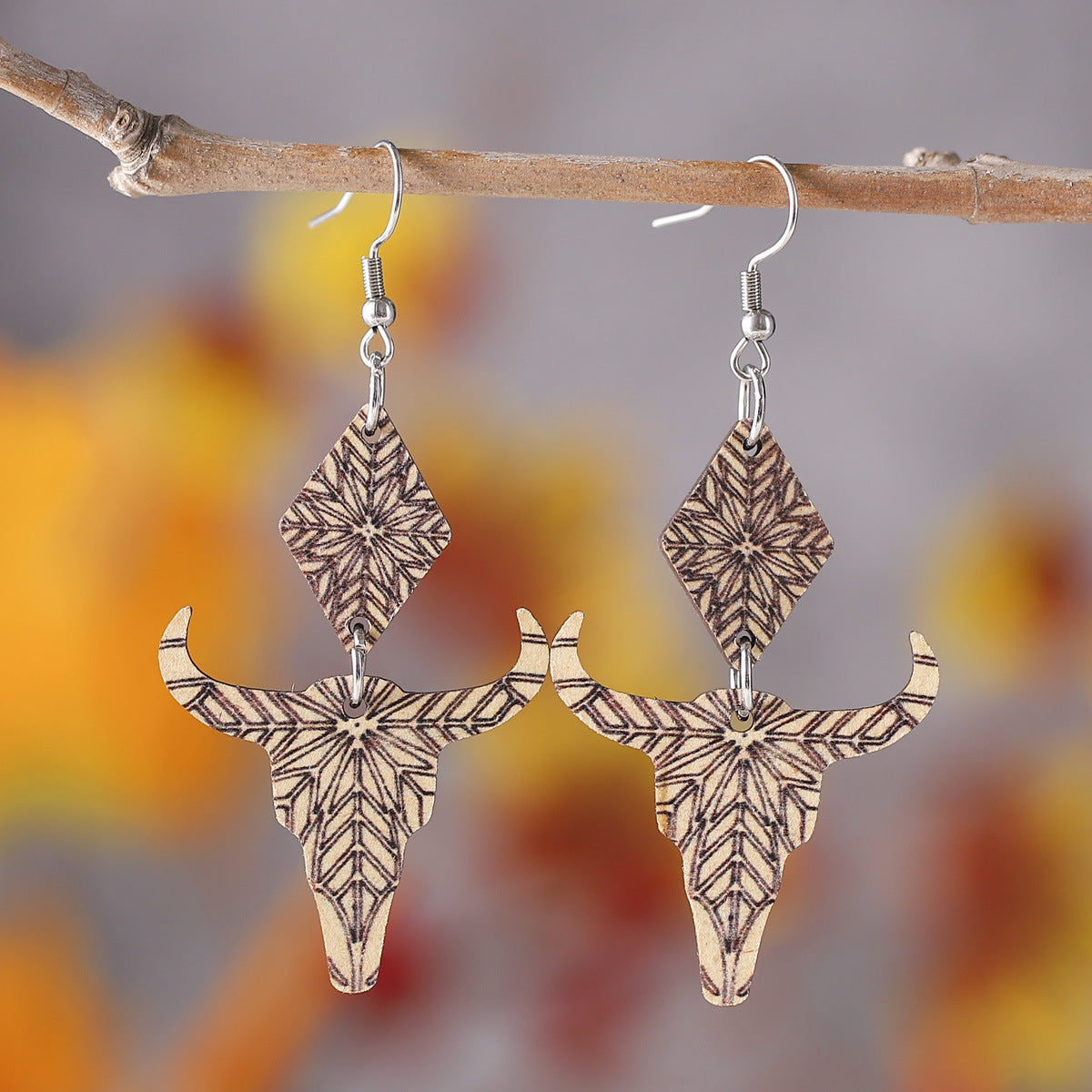 Wholesale Western Ethnic Aztec Geometric Pattern Cow Head Pendant  Double-sided Earrings