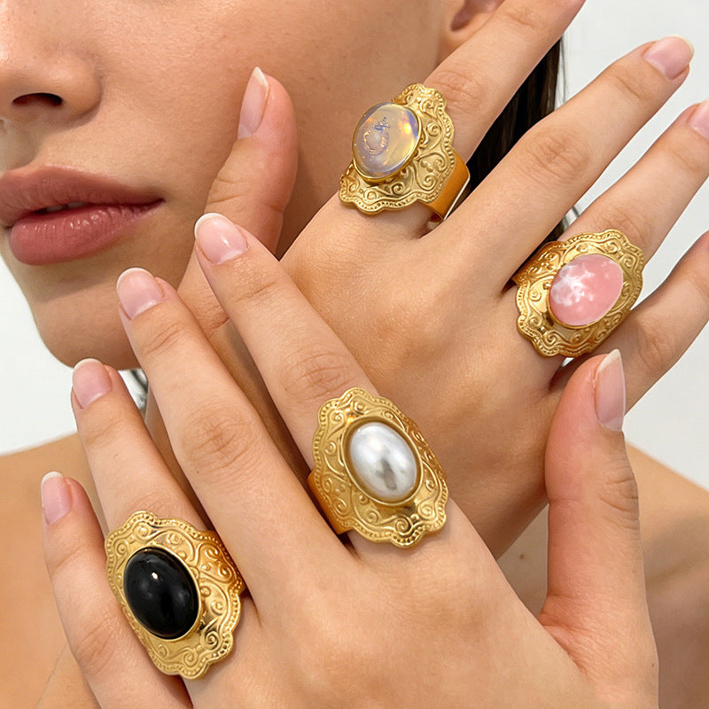 Wholesale Stainless Steel 18K Gold Plated Vintage Oval Gemstone Ring with Imitation Pearl and Turquoise - Fashion Jewelry Accessory for Resale