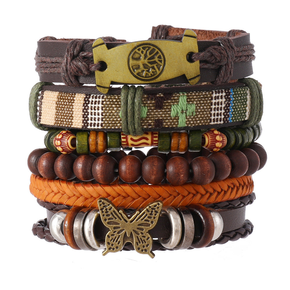 Wholesale Handmade Leather Wood Bead Bracelet 6 Pack Bohemian Peace Tree Butterfly Design Chic Unisex DIY Jewelry Gift