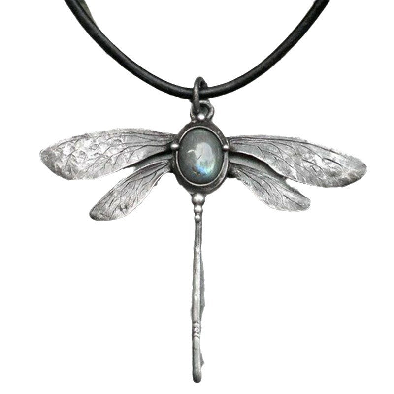 Wholesale Retro insect dragonfly black leather rope pendant  moonstone necklace