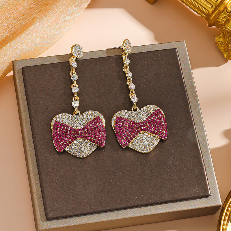 Wholesale Pink Bow Full Diamond Love Tassel Earrings ACC-ES-FSY001