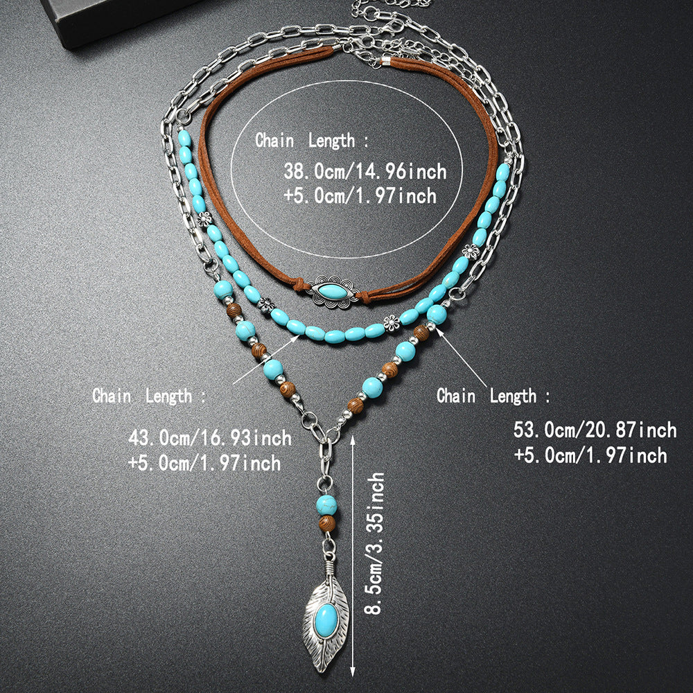 Wholesale Handmade Beaded Bohemian Turquoise Layered Necklace For Women Vintage Feather Pendant Trendy Jewelry Gift