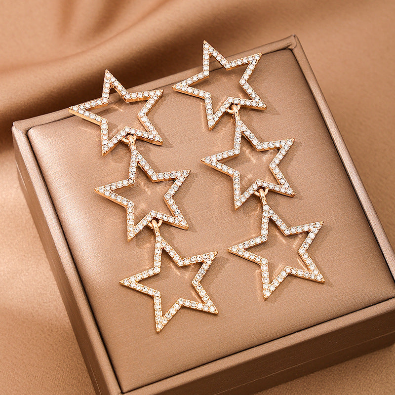 Wholesale  Rhinestone Earrings Five-pointed Star Multi-layer Fashion Elegant Earrings