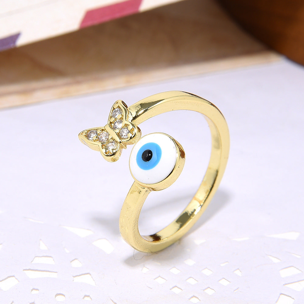 Wholesale Copper plated 18k color-preserving zircon butterfly oil-drop evil eye ring