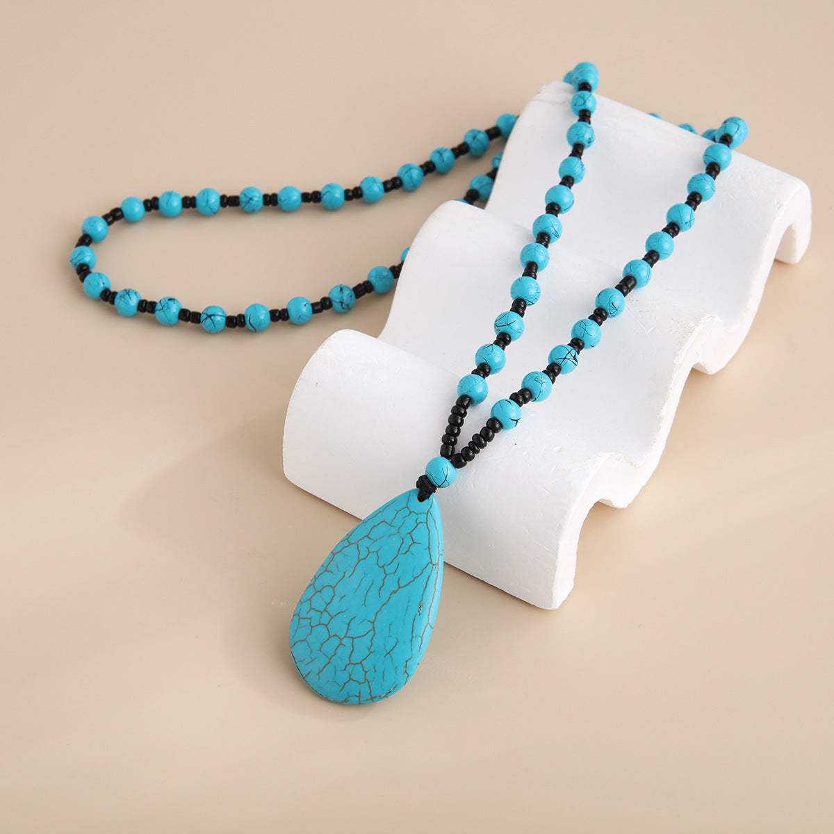 Wholesale Natural Turquoise Beaded Necklace with Water Drop Pendant,  Retro Ethnic Style Fashion Jewelry Accessory for Boutique Resale
