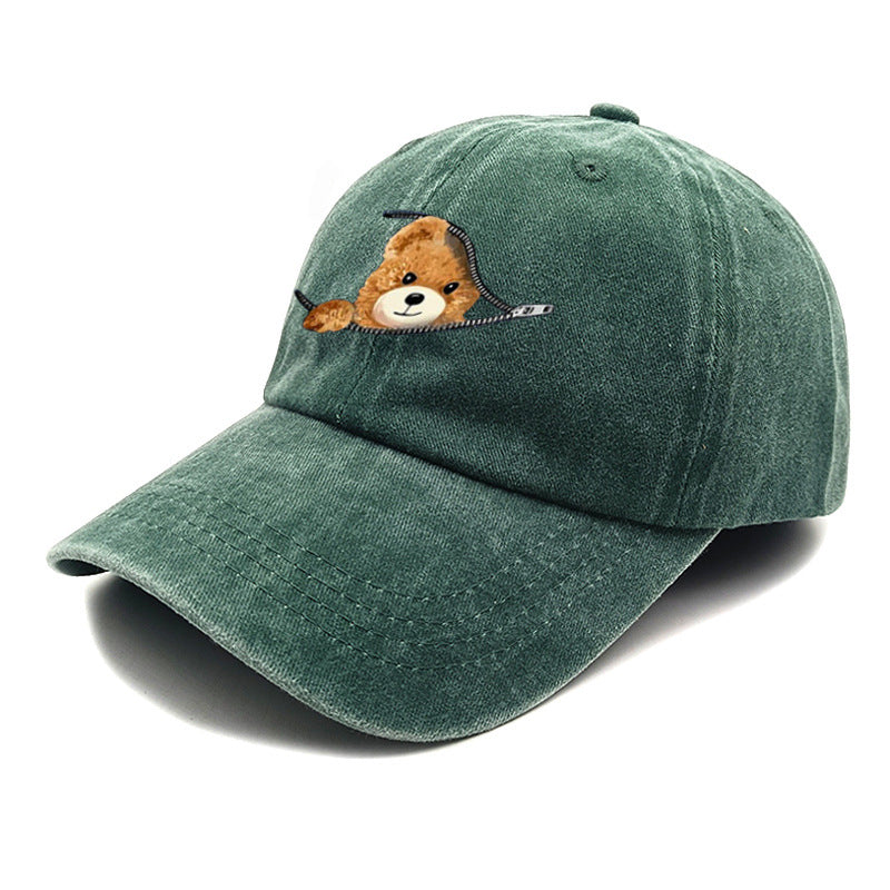 Wholesale Zipper Bear Print Cotton Vintage Washed Baseball Cap Hat