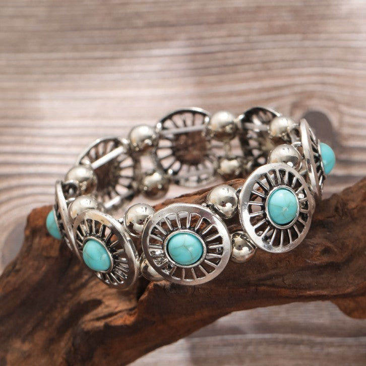Wholesale Ethnic Style Retro Alloy Turquoise Elastic Bracelet Bohemian Bracelet ACC-BT-JunJie004
