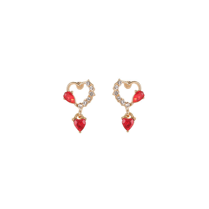 Wholesale Silver Needle Zircon Earrings Small Red Heart Shaped Zircon Earrings