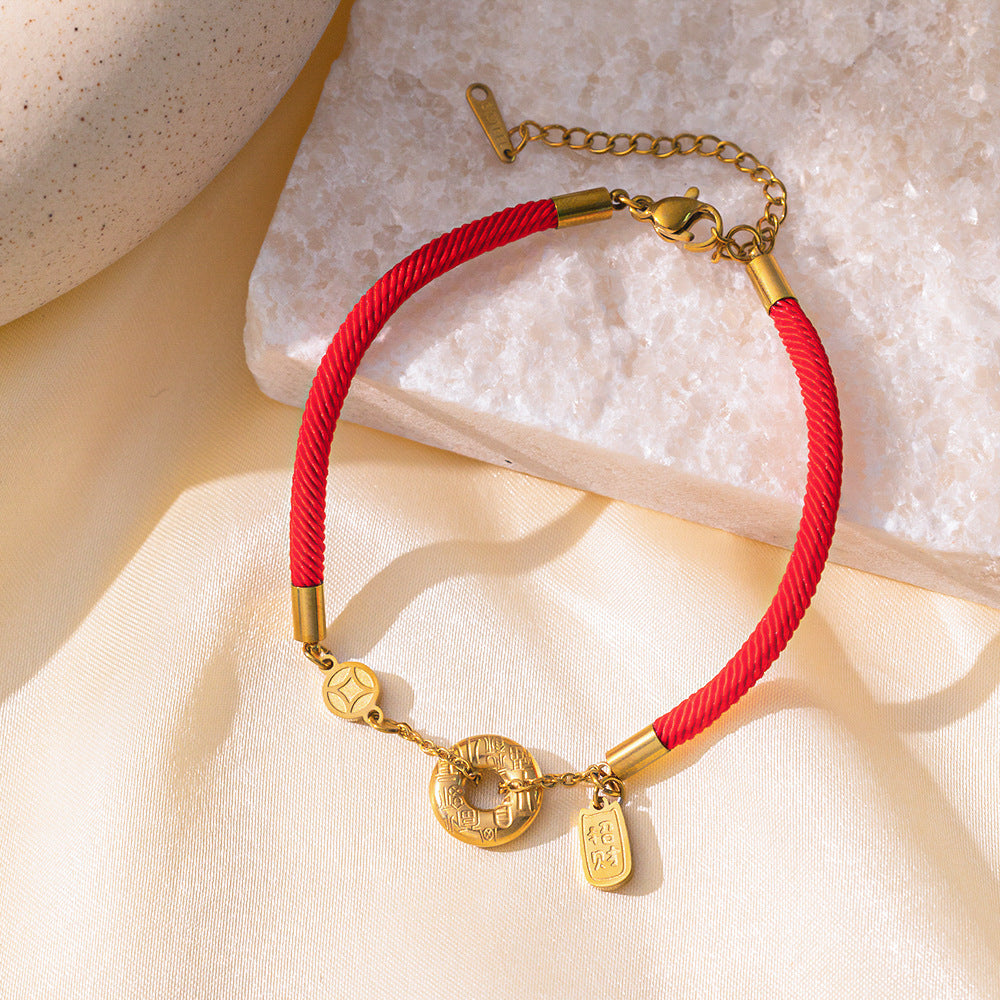 Wholesale Titanium Steel 18K Gold Light Luxury Red Rope Fortune Bracelet Anklets ACC-AS-Qiyun001