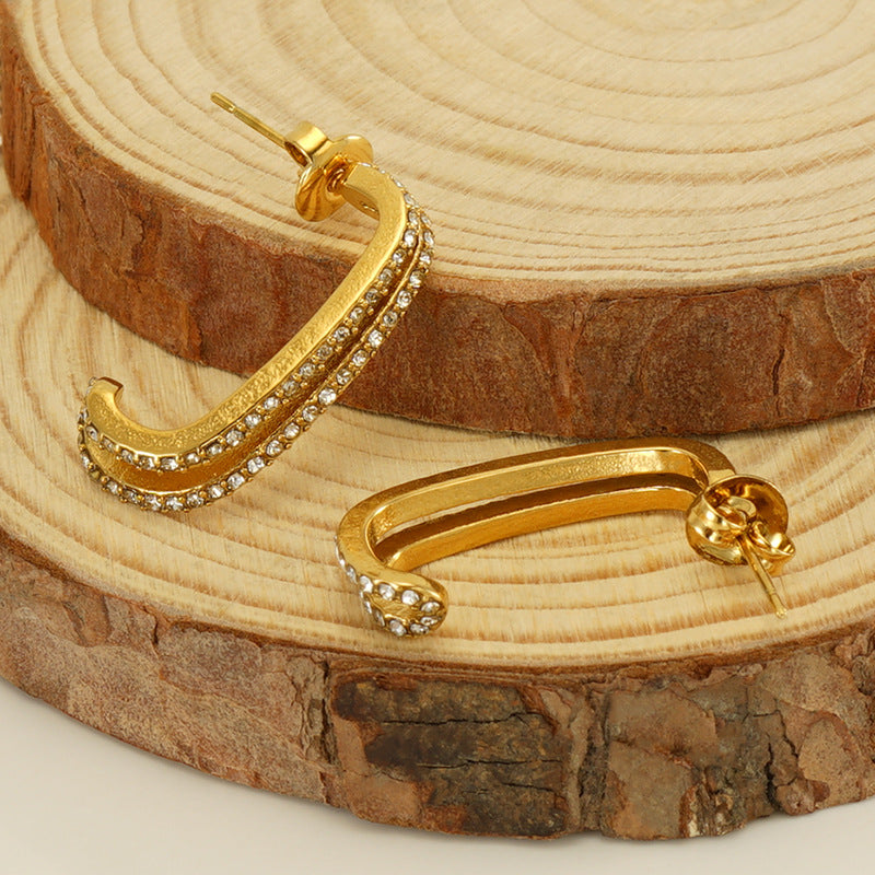 Wholesale stainless steel design Diamond-embedded double-layer earrings