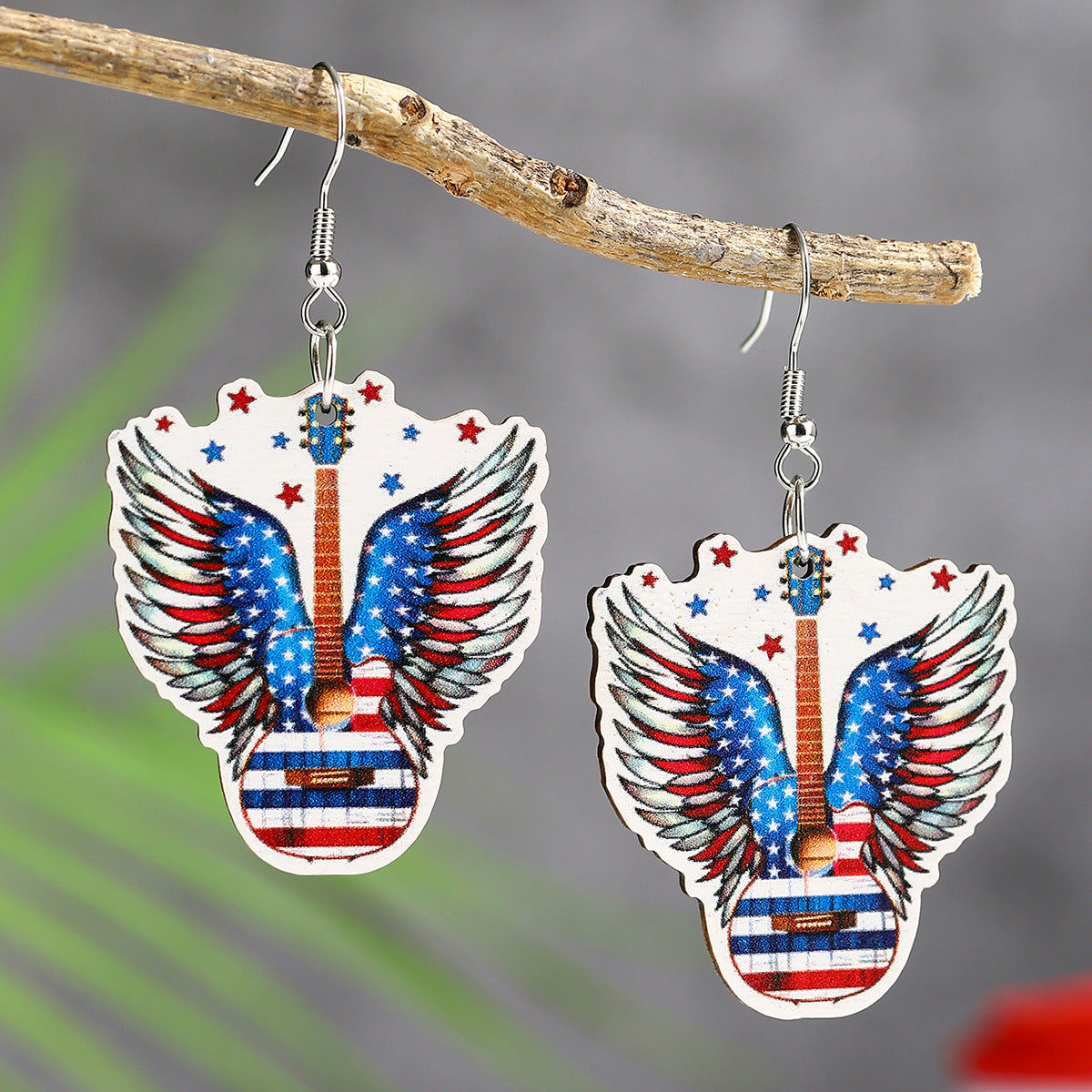 Wholesale  US Independence Day Element Wooden Water Drop Earrings