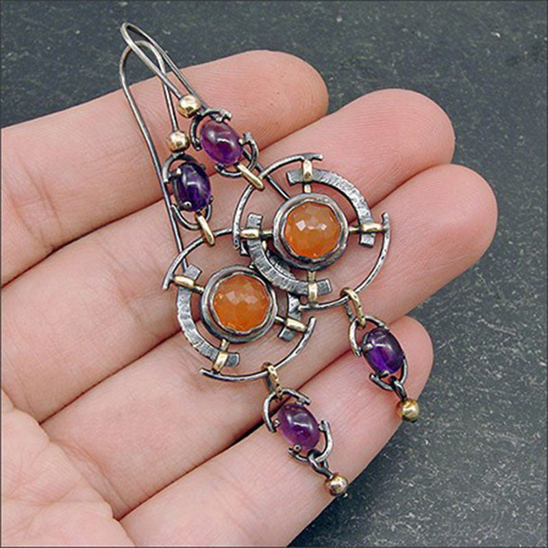 Wholesale Retro fashion orange dark purple gem geometric pendant earrings