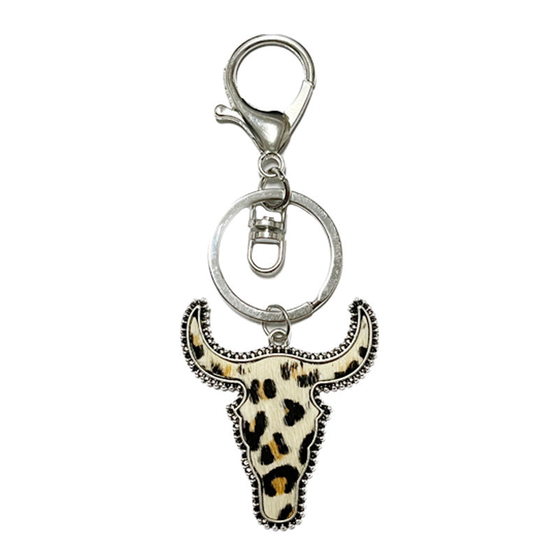 Wholesale of 2pcs/pack Western Style Genuine Leather Cow Print Leopard Print Cow Head Keychain ACC-KC-HY009