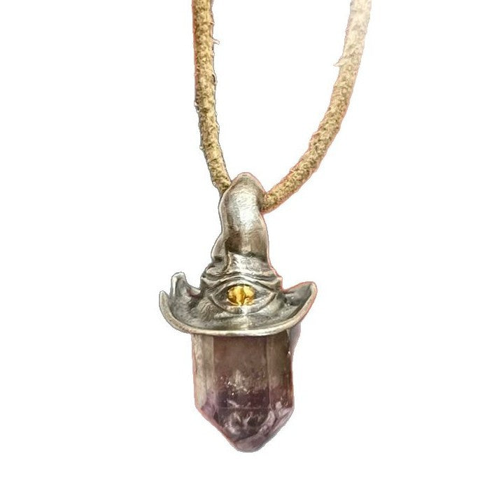 Wholesale  Retro Natural Amethyst Hexagonal Column Witch Hat Pendant Necklaces