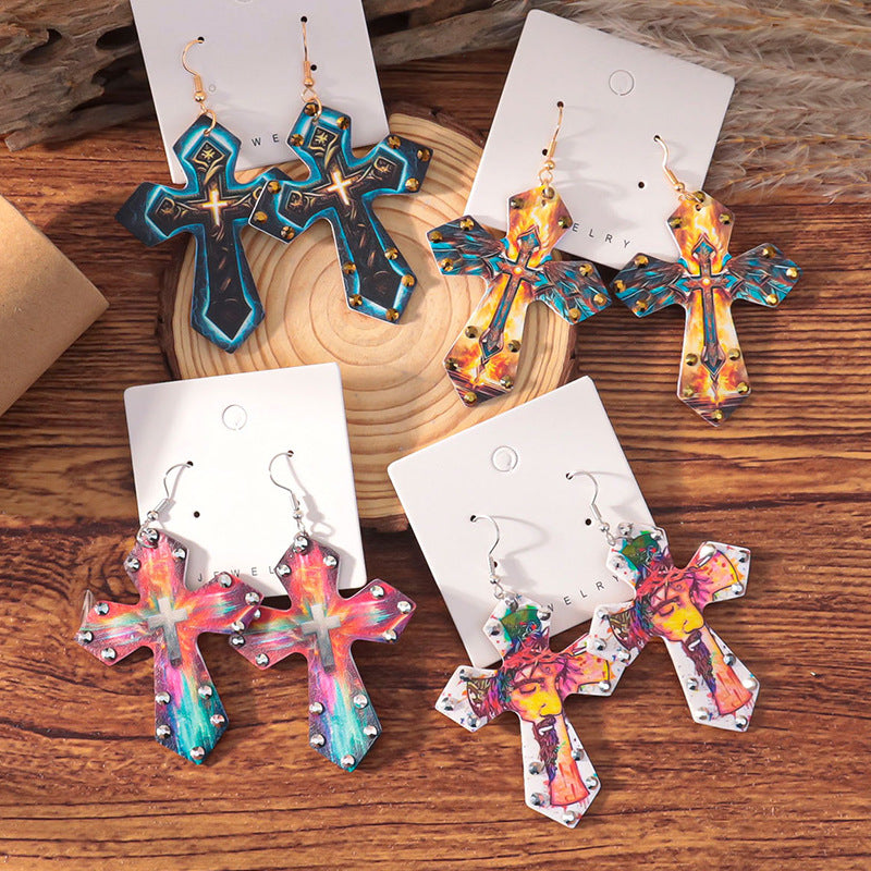 Wholesale Western style colorful rhinestone cross earrings
