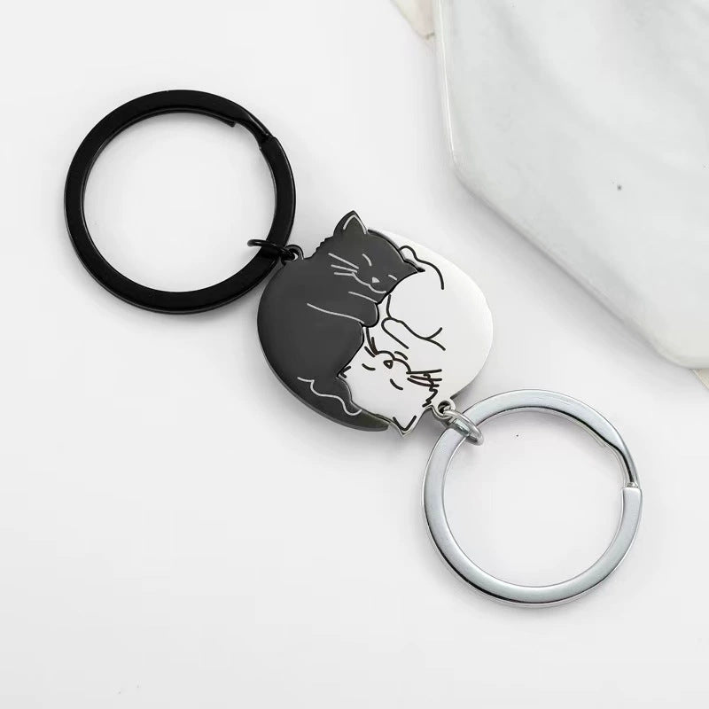 Wholesale  black and white cat titanium steel  keychain