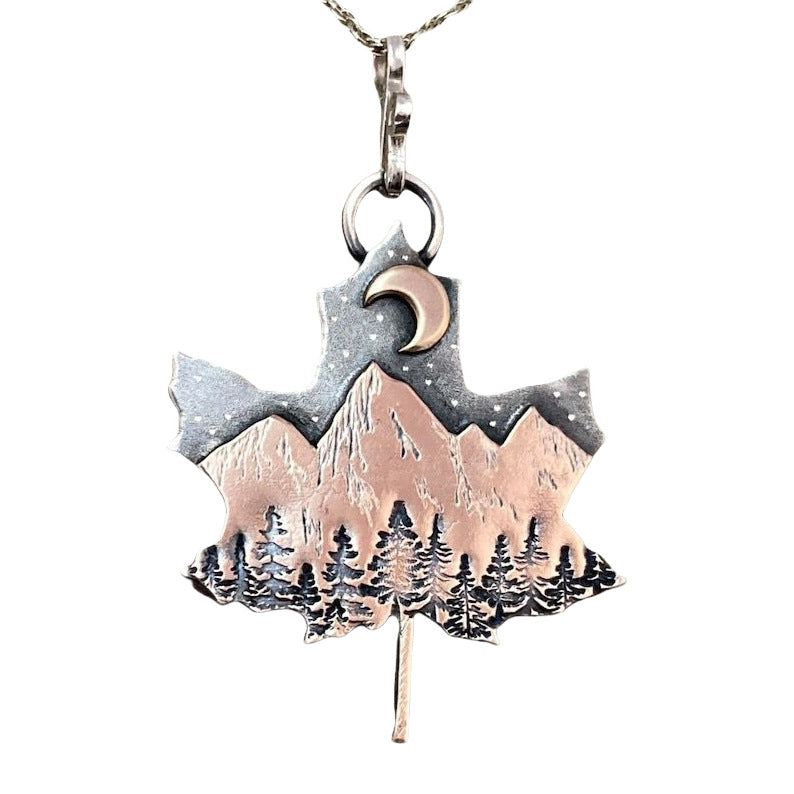 Wholesale  Retro Moon Night Mountain Forest Pattern Maple Leaf Shape Necklace