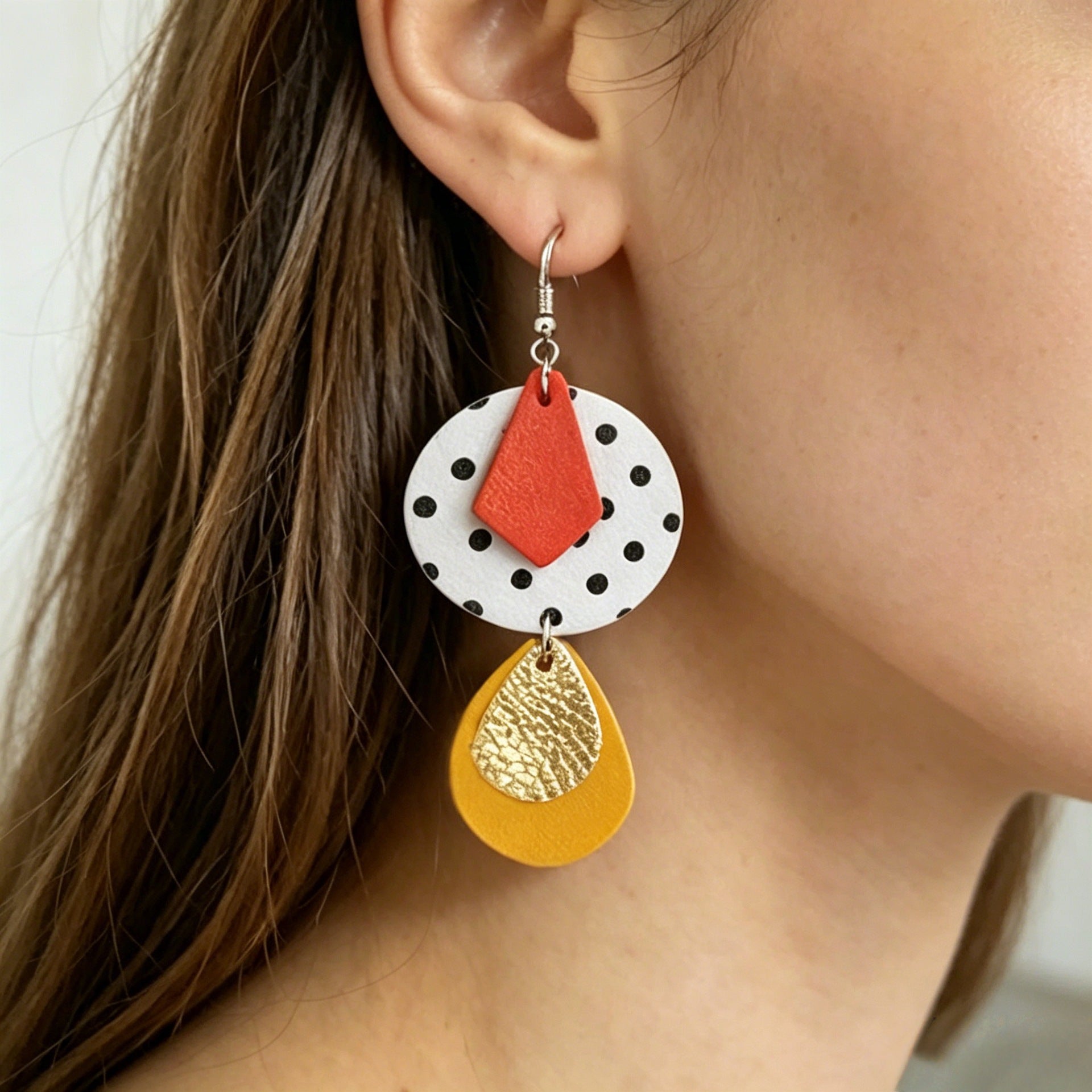 Wholesale Leather Retro Polka Dot Diamond Drop Earrings - Party Fashion Accessory