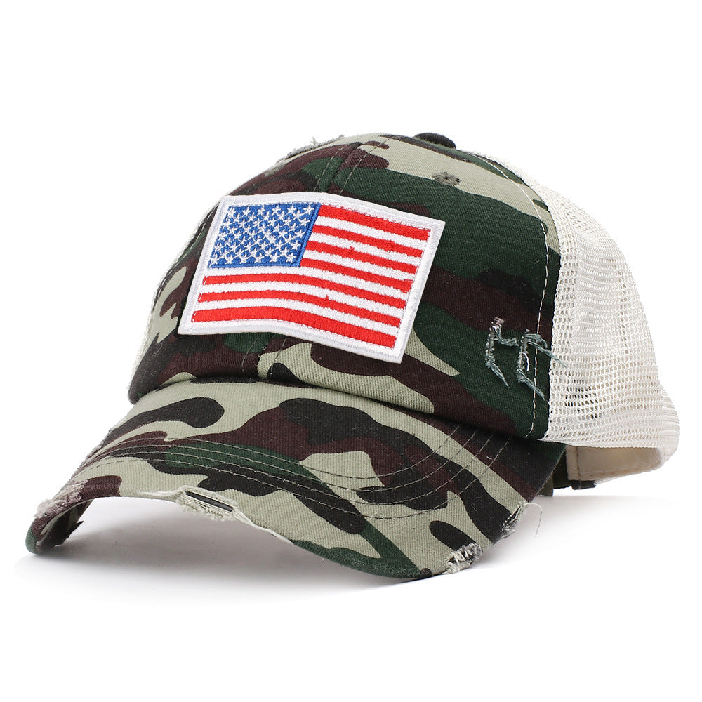 Wholesale Washed Ripped Mesh Cap Independence Day American Flag Embroidered Baseball Cap