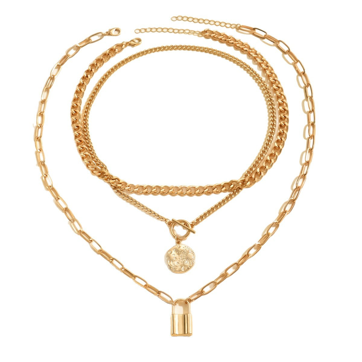 Wholesale geometric round sun gold lock pendant necklace
