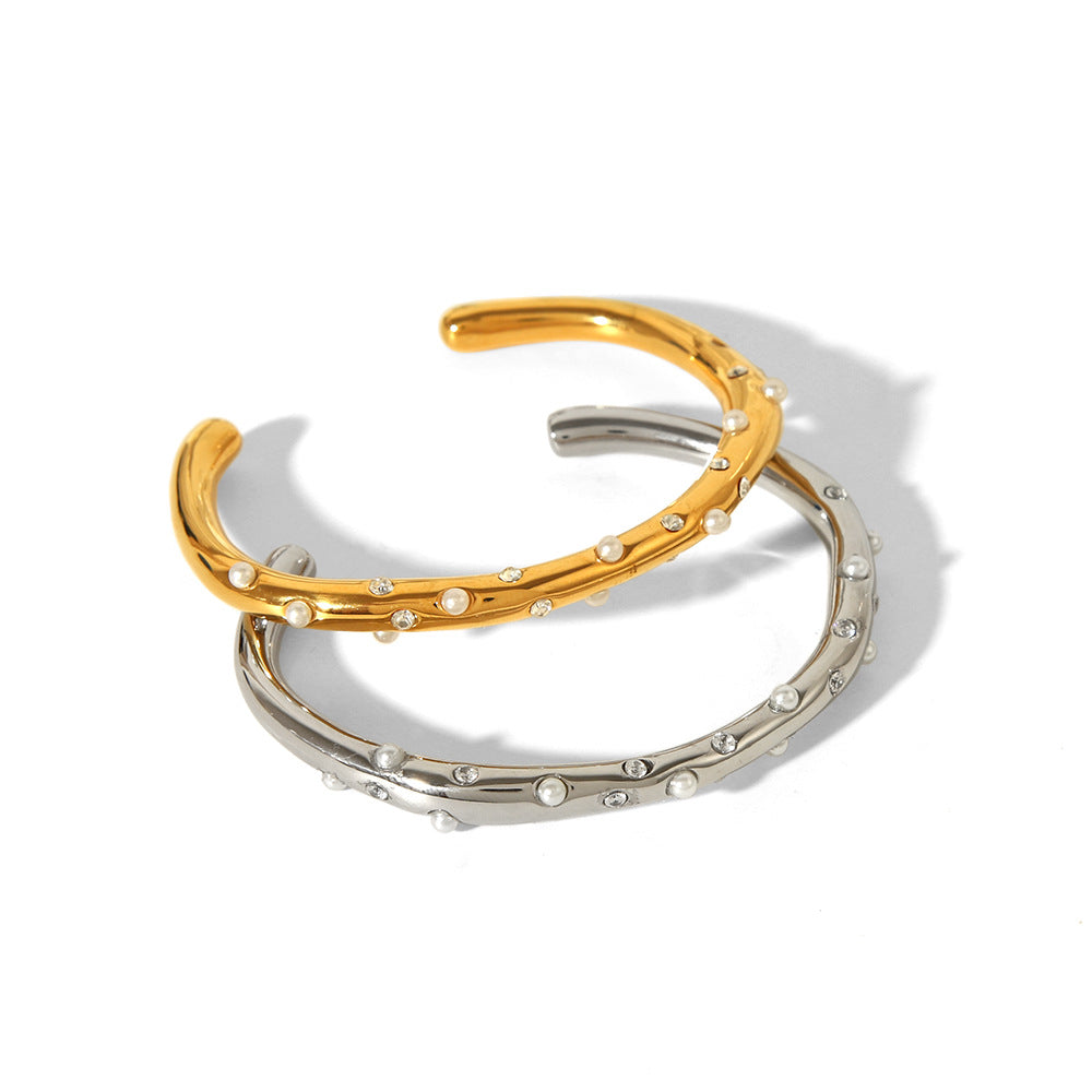 Wholesale Vintage Stainless Steel Bracelets 18K Zircon Pearl Open High Bracelet Luxury Bracelet ACC-BT-ChengBing003