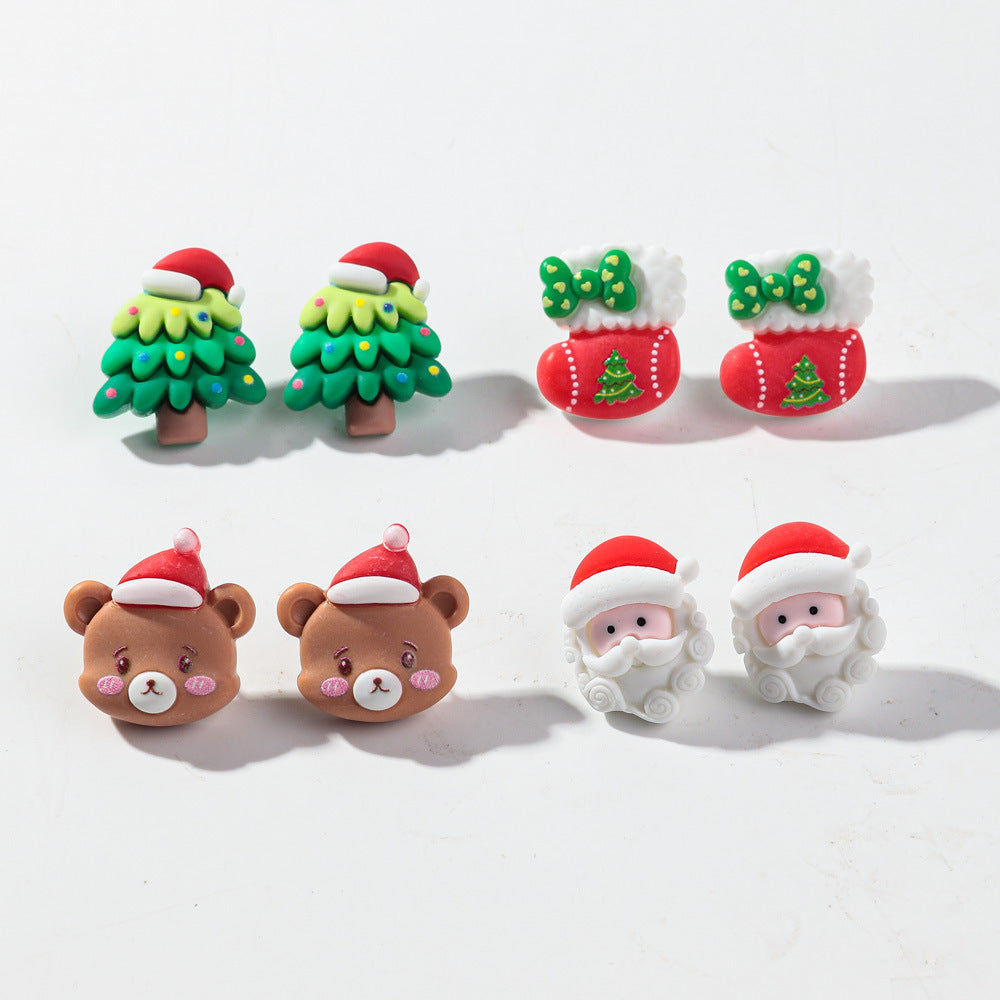 Wholesale Plastic Resin Cartoon Bear Christmas Tree Earrings Sweet Girl Fashion Accessory