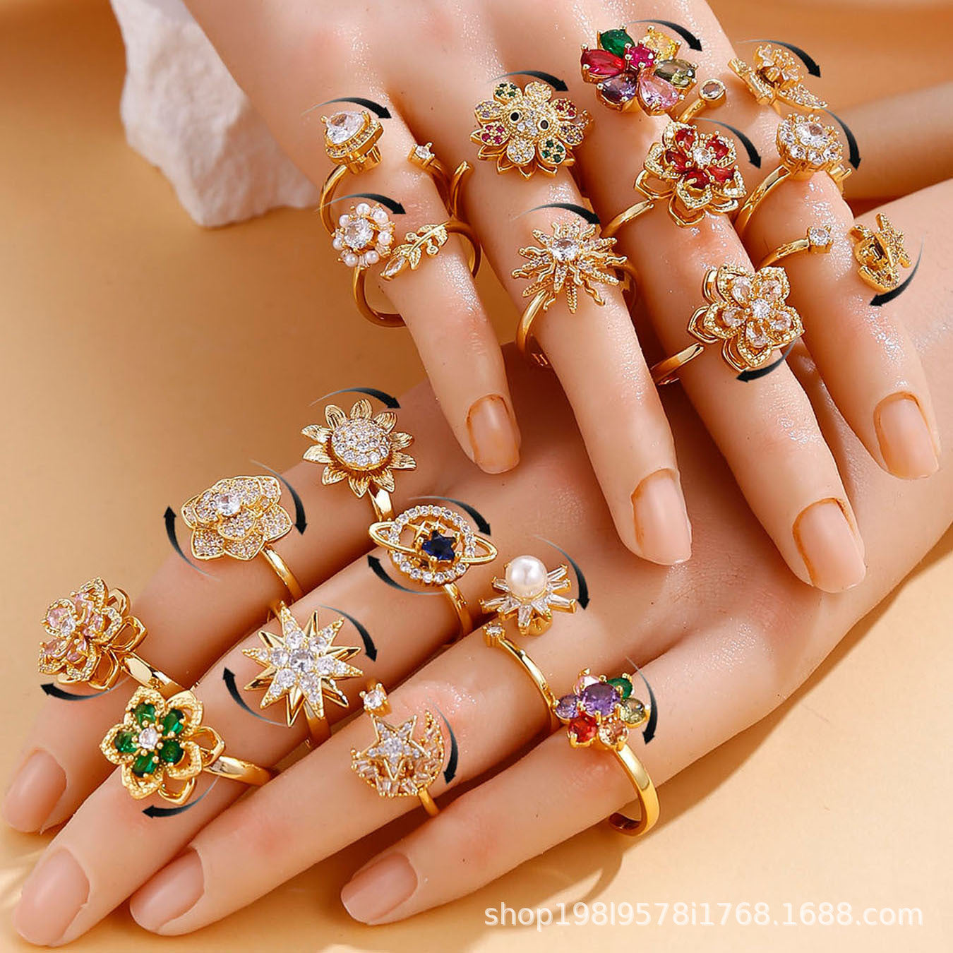 Wholesale Gold Plated Adjustable Rotating Ring Star Moon Zircon Women' s Fashion Jewelry Gift