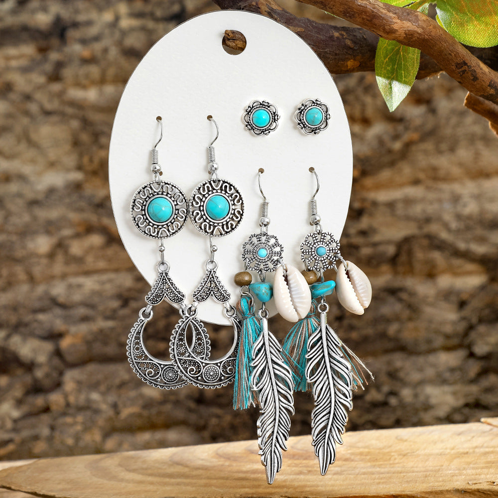 Wholesale Turquoise Tassel Earrings Set - Bohemian Ethnic Style