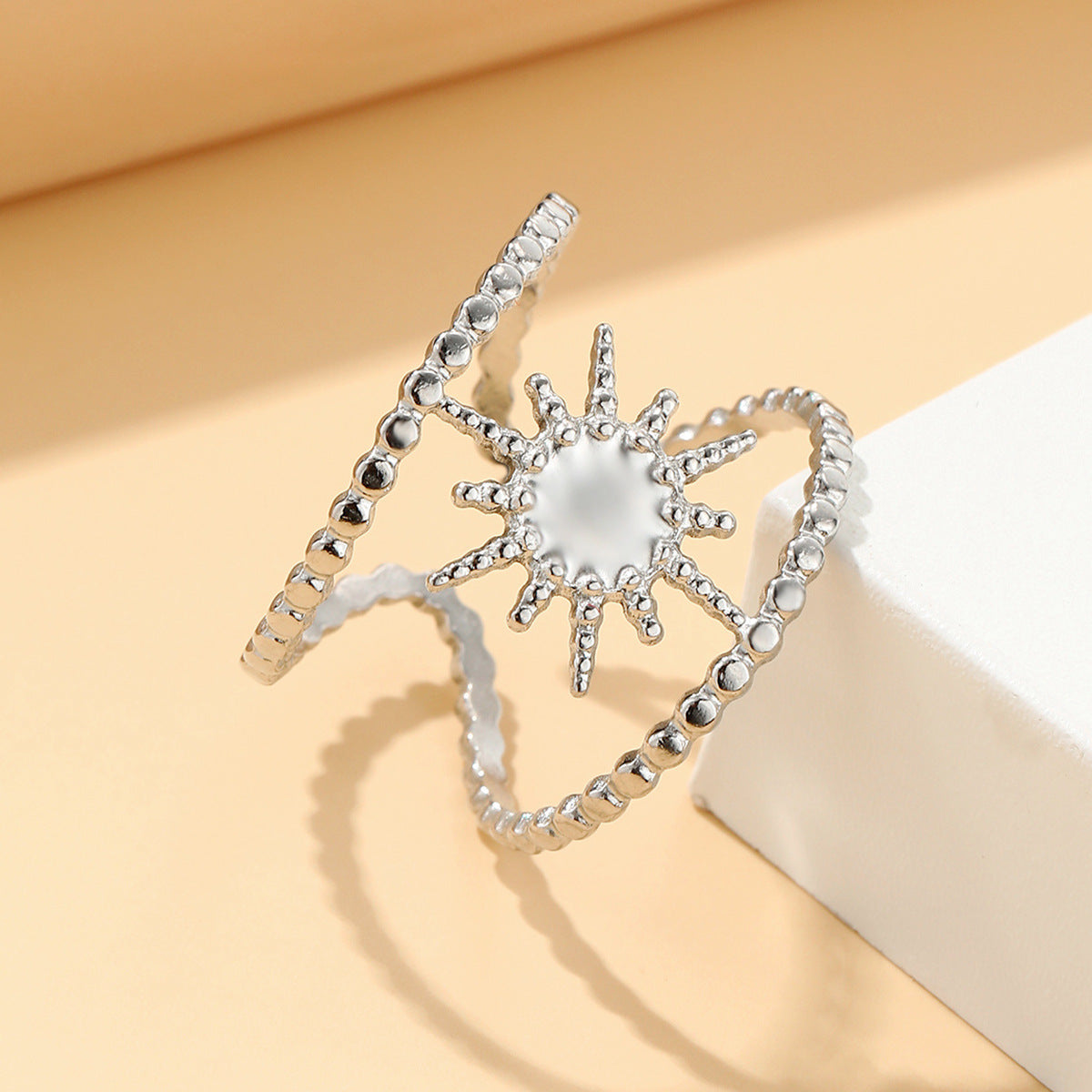 Wholesale Stainless Steel Vintage Hollow Sunflower Ring Adjustable Women' s Fashion Jewelry Gift