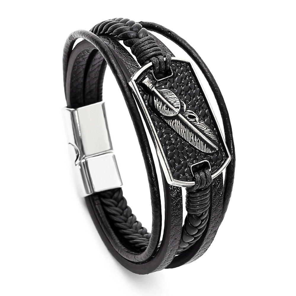Wholesale Faux Leather Woven Bracelet Men S Vintage Feather Charm Layered Handmade Fashion Jewelry Accessory Gift