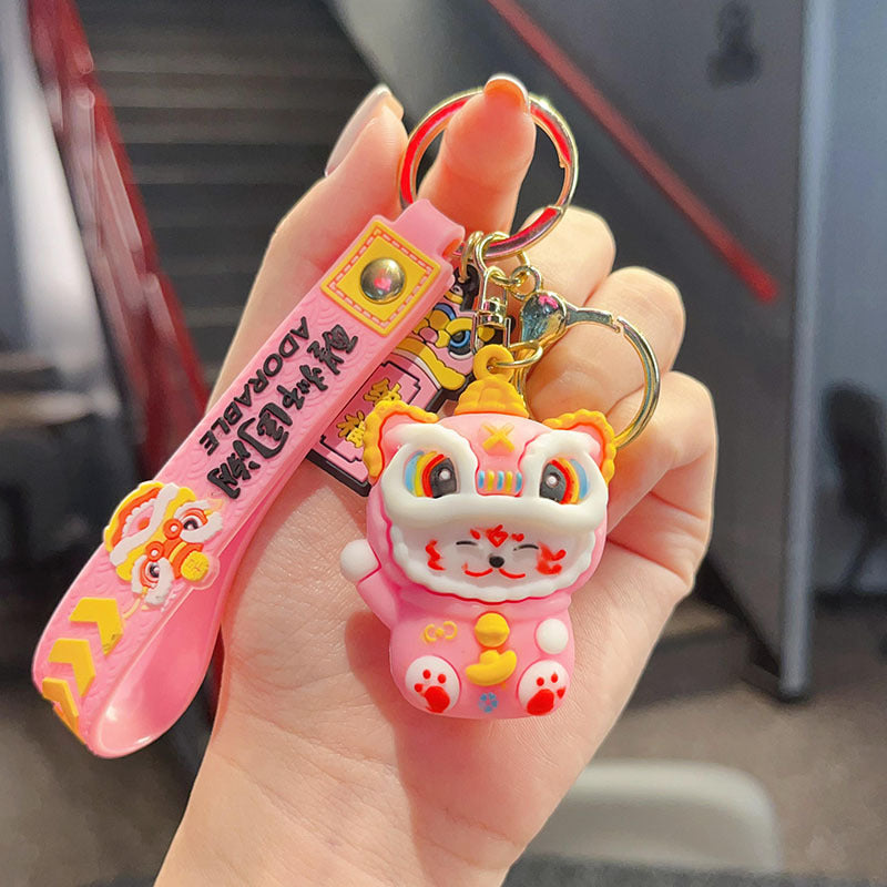 Wholesale Trendy Lion Dance Lucky Cat 3D PVC Keychain Cartoon Bag Car Hanging Ornament Decorative Gift Resale