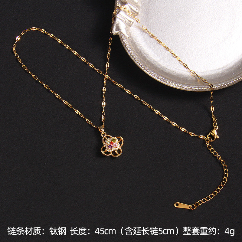 Wholesale Zircon Four Leaf Clover Necklace Care Bear Pendant Titanium Steel Heart Necklace ACC-NE-Rongc014
