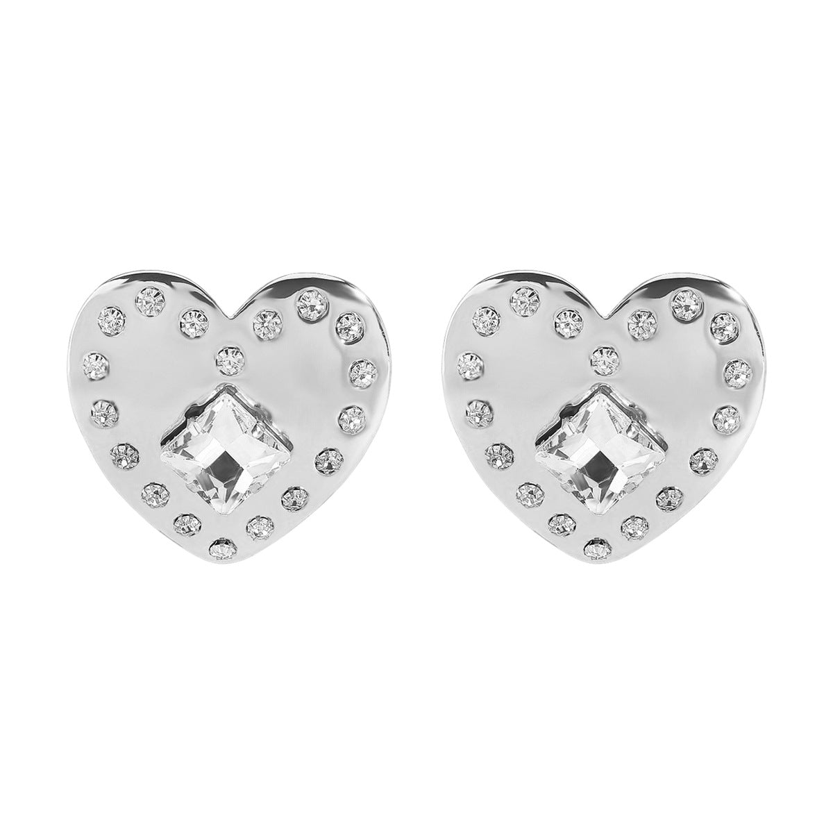 Wholesale exaggerated metal glossy square diamond mirror heart earrings