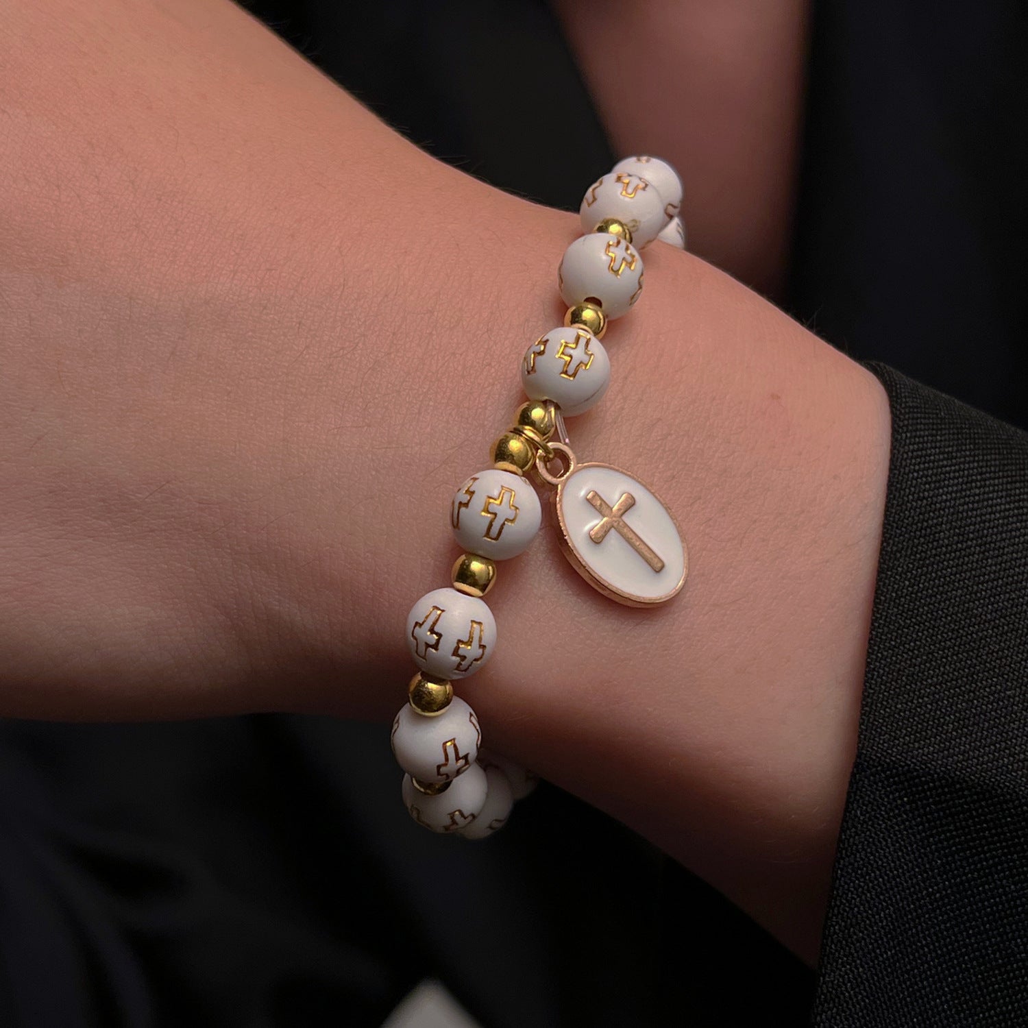 Wholesale Alloy man-made pearl beaded flower and cross Virgin Mary bracelet