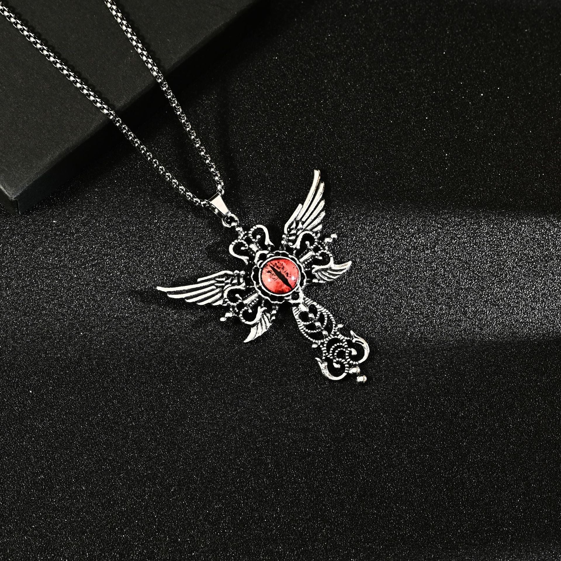 Wholesale Hip Hop Blue Demon Eye Wings Cross Pendant Necklace For Fashion Jewelry Accessory