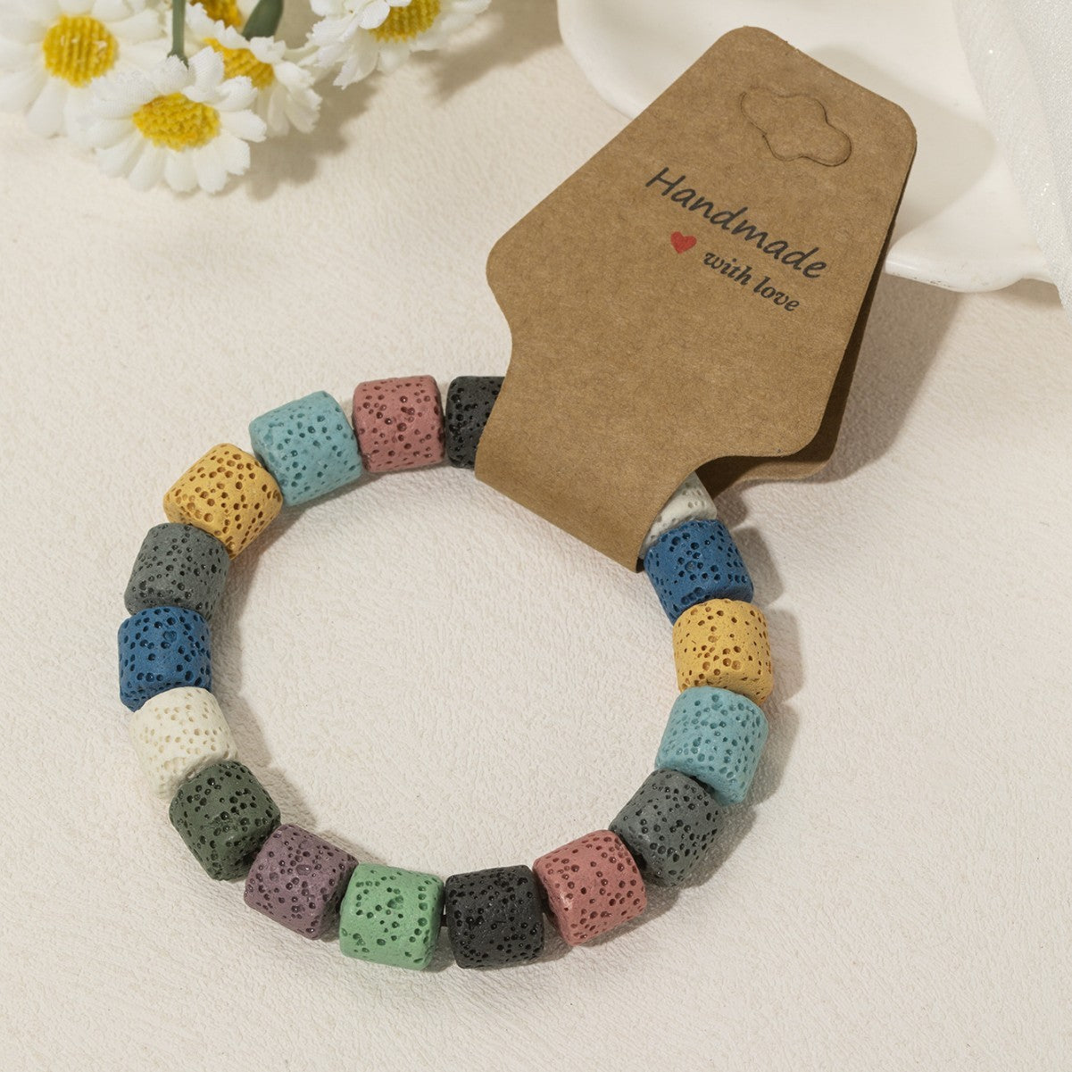 Wholesale volcanic stone beaded kraft paper elastic  bracelet