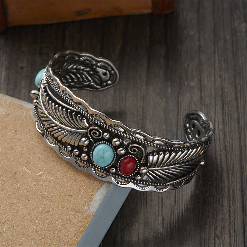Wholesale oval turquoise bracelet  retro two-color leaf bracelet