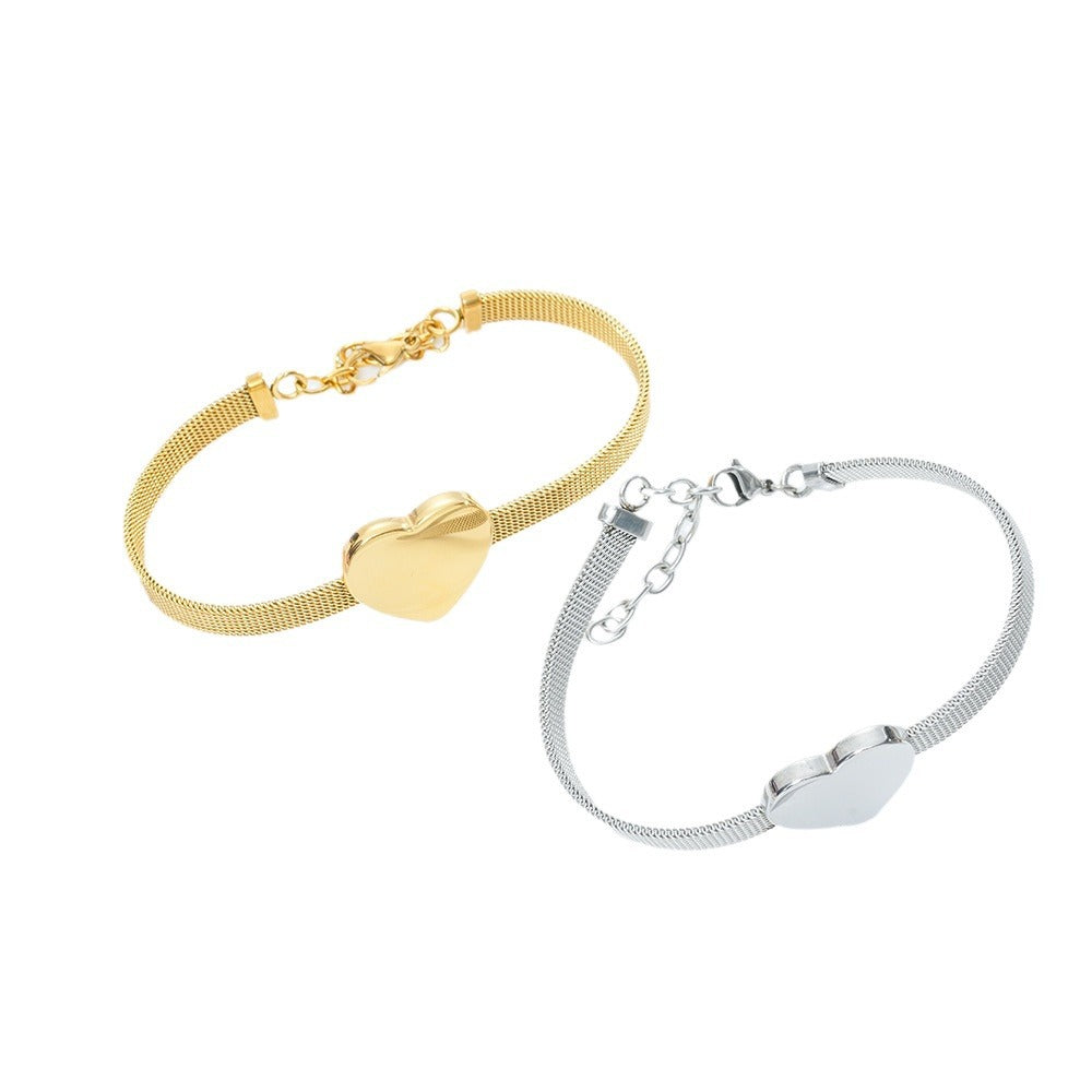 Wholesale Titanium Steel Heart Shape Gold Mesh Bracelet Travel Commemoration Gift Women' s Jewelry Accessory